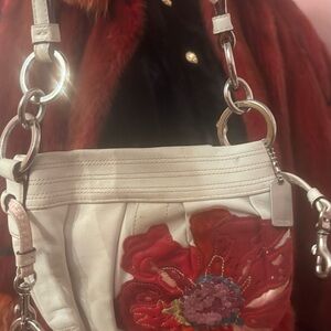 Coach White Leather Mini Shoulder Bag with Red Floral Applique